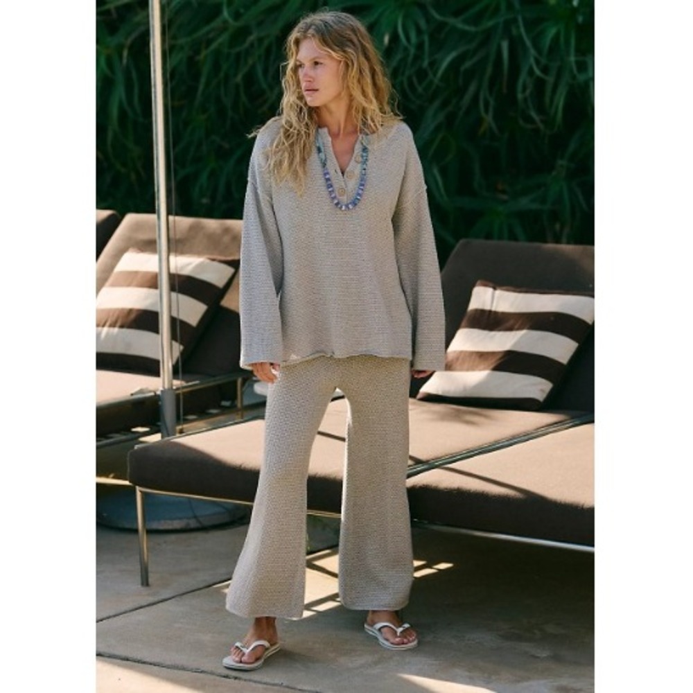 Free People Beach Hailee Knit Pants Heather Grey Wide Leg 100% Cotton Boho‎ M